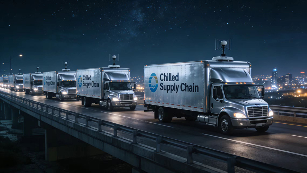 Cold chain vaccine transport fleet on highway at night with RTK GNSS antennas installed